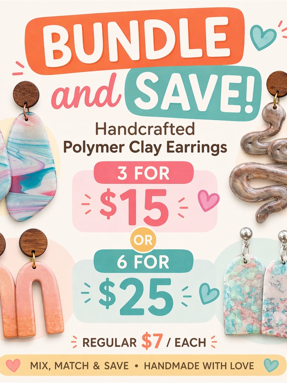 3 Pair Handcrafted Polymer Clay Earrings - Assorted Pink, Teal, Peach, Brown